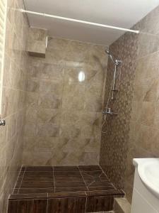 parc sebastian في بوخارست: حمام مع دش ومرحاض ومغسلة