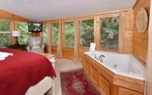 a bedroom with a bed and a tub in a room at Simones Cottage in Gatlinburg +14 photos