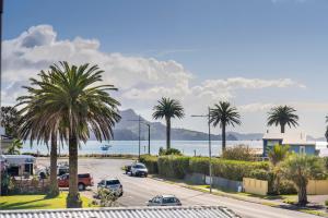 a street with palm trees and the ocean at Rooftops Accommodation in Whitianga