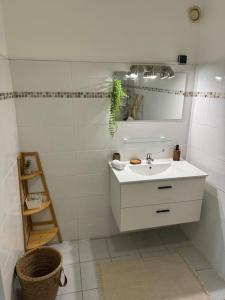 a white bathroom with a sink and a mirror at Appartement Nature et Mer in Sainte-Anne