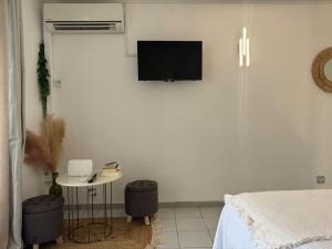 a bedroom with a bed and a tv on a wall at Appartement Nature et Mer in Sainte-Anne