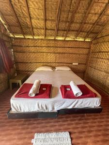 a bed with two red pillows on top of it at Blue Sky Cottages Hampi in Hampi