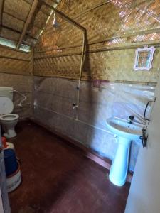 a bathroom with a sink and a toilet at Blue Sky Cottages Hampi in Hampi