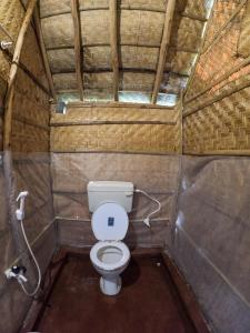 a bathroom with a toilet in a wooden structure at Blue Sky Cottages Hampi in Hampi