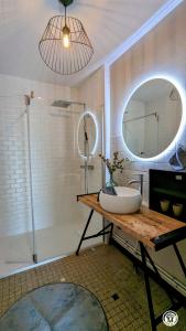un bagno con lavandino, doccia e specchio di La Maison Bleue a Tillenay Altre 24 foto