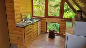 a kitchen in a log cabin with a sink and a refrigerator at Erdő Mélyén Házikó in Dörgicse