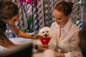 a woman is holding a small white dog at Hard Rock Hotel Ibiza in Playa d'en Bossa