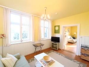 a living room with a couch and a tv at Ferienwohnung "Altes Pastorat" in Welt