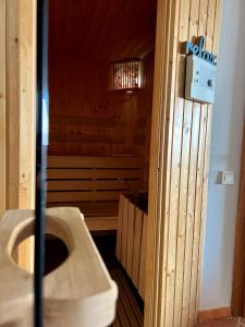 a bathroom with a sauna with a toilet in it at Vineyard cottage Skriti raj in Leskovec pri Krškem