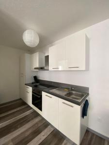 a white kitchen with a sink and a stove at Alsace séjours in Pulversheim +12 photos