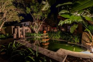 a garden at night with a pond with a fountain at Singa Lodge - Lion Roars Hotels & Lodges in Port Elizabeth