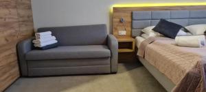 ein Schlafzimmer mit einer Couch, einem Bett und einem Stuhl in der Unterkunft Aparthotel Apartamenty Czarna Góra 107 in Heudorf + 11 Fotos