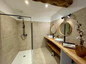 a bathroom with a shower and a sink and a mirror at Bâtisse au cœur du Gers in Leboulin +7 photos