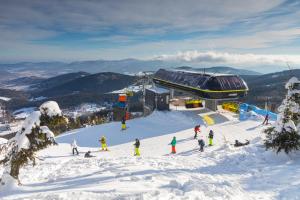 a group of people skiing down a snow covered slope at Aparthotel Apartamenty Czarna Góra 139 in Sienna +7 photos