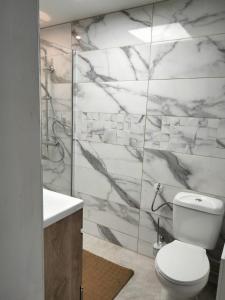 bagno con servizi igienici e parete in marmo. di Quinta Da Felicidade a Várzea