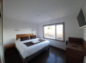 a bedroom with a large bed and a window at Trotamundos in Puerto Natales