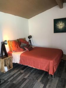a bedroom with a bed with a red blanket at Chez Anna et JL in Navès