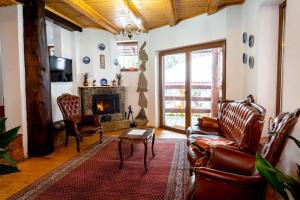a living room with a couch and a fireplace at Cabana Paulino in Suceviţa