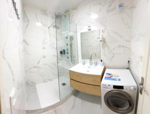 łazienka z pralką i prysznicem w obiekcie Bel Appartement spacieux T4 avec 2 Parkings privée Gratuit w mieście Saint-Priest +10 zdjęć