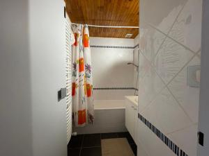 une salle de bain avec un rideau de douche et un lavabo dans l'établissement Homency Résidence Signal B16, à L'Alpe-d'Huez