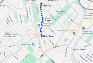 a map of a city with the marker at Modern and Airy Belgravia Living in London