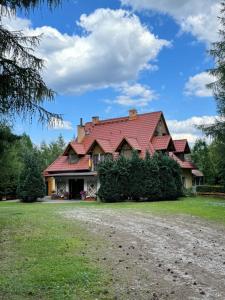 a house with a red roof at Pensjonat - Leśne Opowieści in Ostrowin