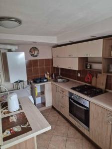 a kitchen with wooden cabinets and a stove top oven at Pod Brzózką in Gdynia