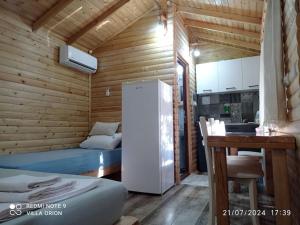 a small room with a refrigerator and a kitchen at Finike Bungalow Orion in Finike