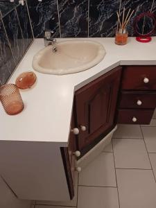 a bathroom with a sink and a white counter at Appartement confortable à Sainte-Luce, 50m², parking inclus. in Sainte-Luce