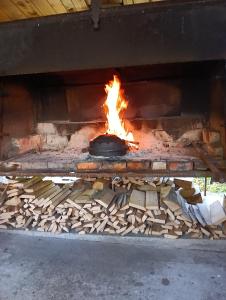 a fire in a brick oven filled with wood at Sokol in Ogulin
