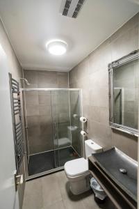 a bathroom with a shower and a toilet and a sink at Euro Hotel in London