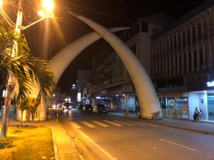 a night view of a street with a white bridge at Queens Luxury Studio Mombasa in Mombasa