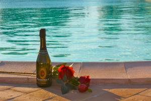 a bottle of champagne and flowers next to a swimming pool at Agriturismo Le Rose in Pescia Romana