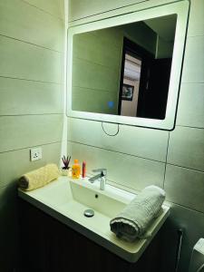 a bathroom with a sink and a mirror at Elysium Luxury 1Bed Apartment! Opposite to Centaurus Mall in Islamabad +23 photos