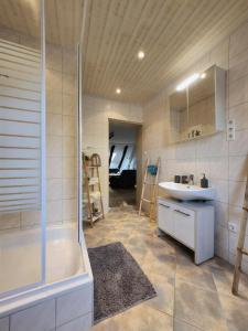 a bathroom with a shower and a sink and a tub at Hof KuMa in Uelzen +10 photos