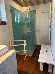 eine Dusche mit Glastür im Badezimmer in der Unterkunft Maison de campagne familiale in LʼHabit