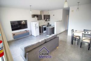 a large living room with a couch and a kitchen at Luxury Arena in Viedma +3 photos