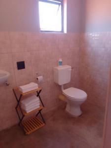 een badkamer met toilet, wastafel en raam bij Petrified forest restcamp in Khorixas