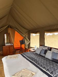 a large tent with a bed in a room at Sadanga & Sons Mobile Camp Safaris in Mugumu
