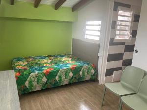 a bedroom with a bed and a chair in it at Residence l oiseau des iles in Grand-Bourg