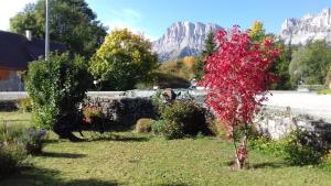 a red tree in the grass with mountains in the background at Gite Seguret in Gresse-en-Vercors