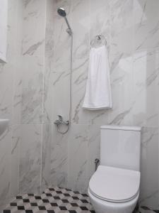 a bathroom with a toilet and a towel hanging on the wall at Heraklions Heart Apartment in Heraklio Town +17 photos