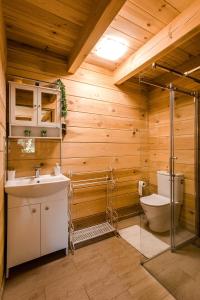 a bathroom with a toilet and a sink at Leśny domek in Białowieża