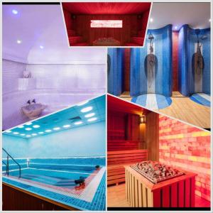 a collage of four pictures of a bathroom with a pool at Romeo Nights - Love Rooms - Adults Only in Bucharest