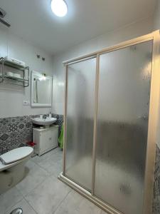 a bathroom with a shower and a toilet and a sink at Nazareno in Villanueva de la Serena