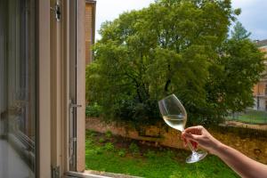 una persona che tiene un bicchiere di vino davanti a una finestra di Magnificent rooms Verona Center a Verona