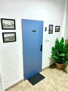 a blue door in a room with a plant at Apartmán na Žerotínce in Šumperk