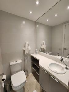 a bathroom with a toilet and a sink and a mirror at Ed MORADA MAR DO LESTE in Itaparica