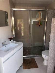 a bathroom with a shower and a sink and a toilet at Casa Da Calçada in Castelo de Paiva