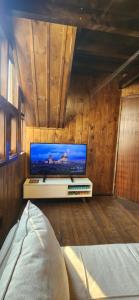 a bedroom with a tv in a room with wooden walls at Recanto AlceNegro in Miguel Pereira